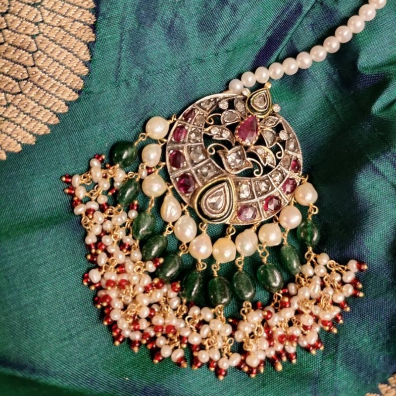 Handmade Maang Tikka Mughal Style Studded With Ruby, Emerald, Pearls Polki & Diamonds
