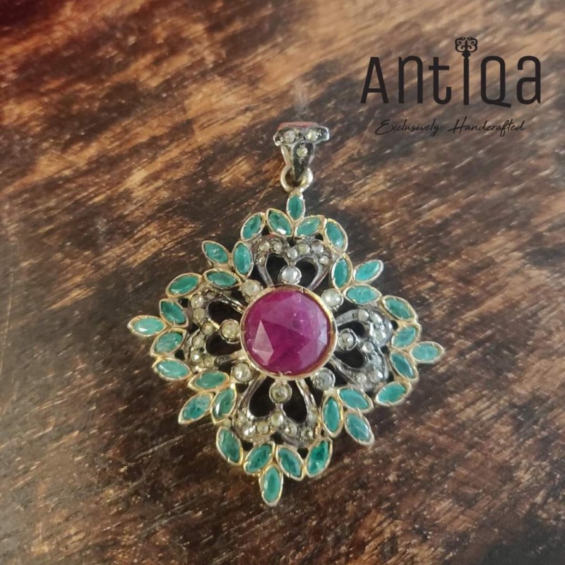 Pendant Studded With Ruby, Emerald And Diamond