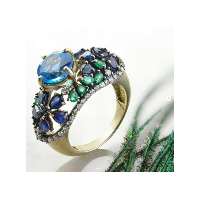 Modern Vintage Engagement Rings / Blue Topaz, Blue Sapphire, Emerald & Diamonds Rings./ Engagement Rings