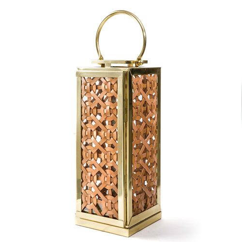 Candle Lantern Tan Woven Leather Indoor and Outdoor Use