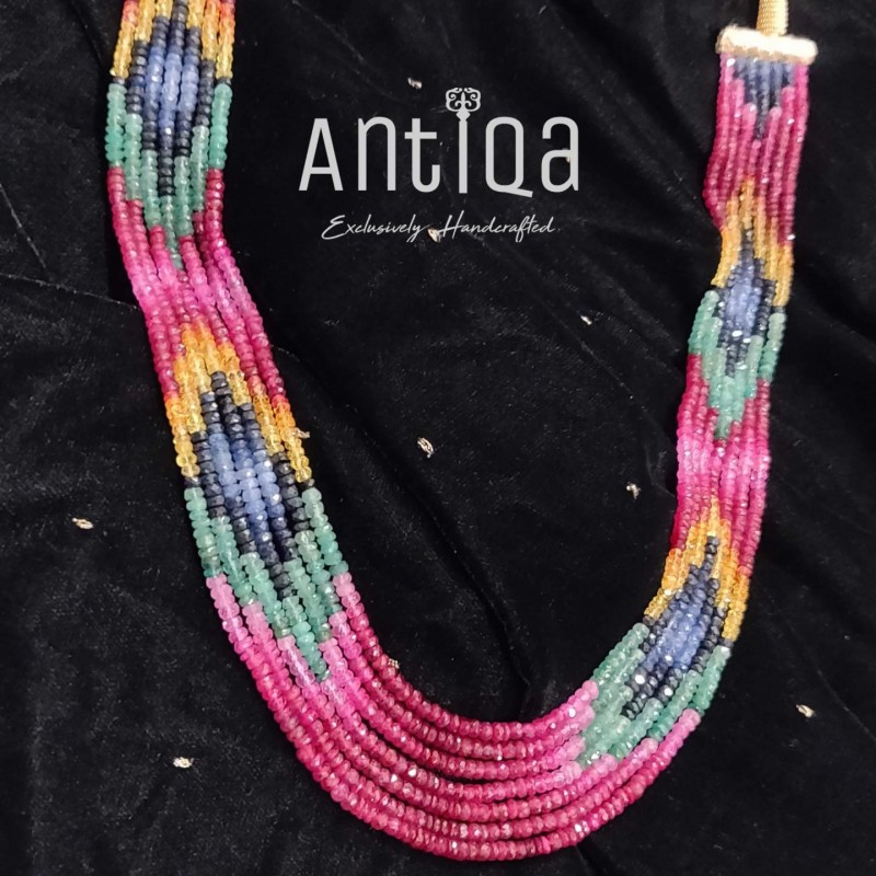Handcrafted Necklace Made With Faceted Beads Of Ruby, Pink Sapphire, Blue Sapphire & Emerald