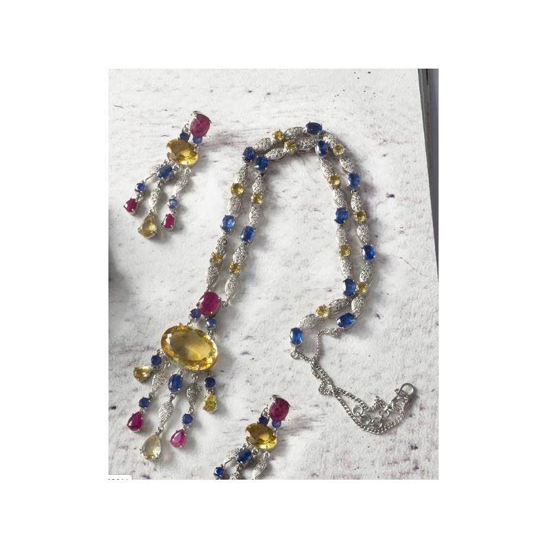 Necklace & Earrings Set Made With Citrine, Ruby, Kyanite And Diamonds/ Stylish Necklace For Women And Girls