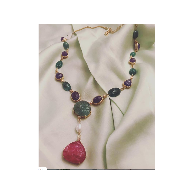 Carved Emeralds, Blue Sapphires And Rubies Necklace/ Fancy Necklace For Women