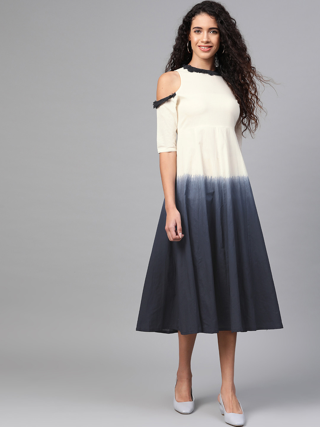 Women Cream-Coloured & Navy Blue Cold-Shoulder Dyed A-Line Dress