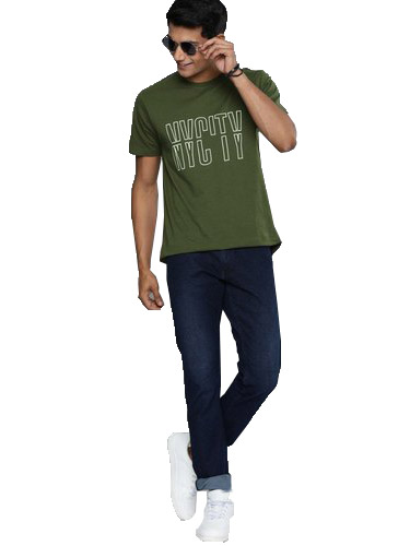 Men Olive Green Printed Round Neck T-Shirt