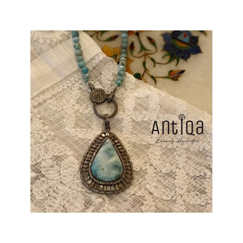 Handcrafted Modern Style Artistic Larimar Pendant & String Along With Melle Diamonds