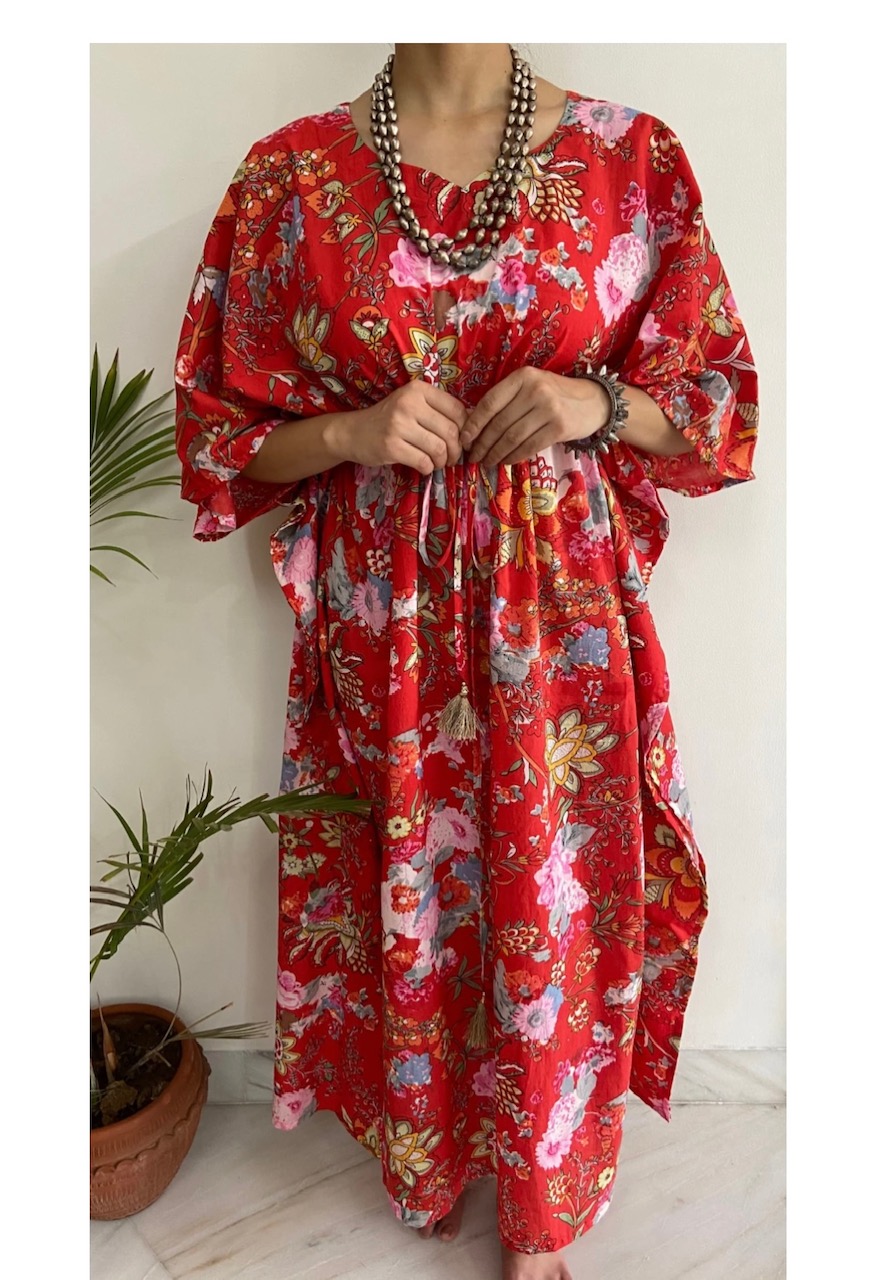 Hand block Printed Red Floral Kaftan