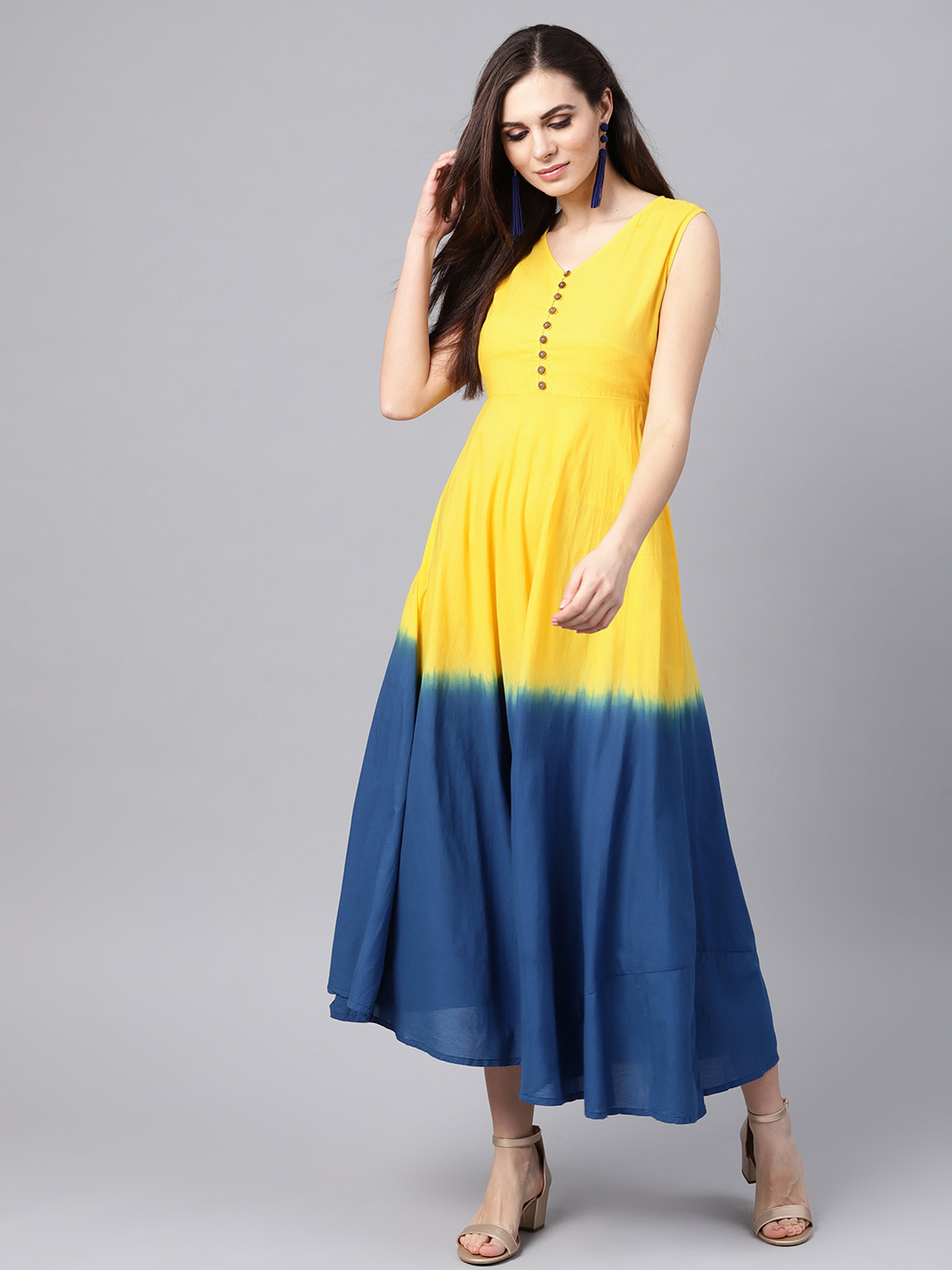 Women Yellow & Navy Blue Dyed Maxi Dress