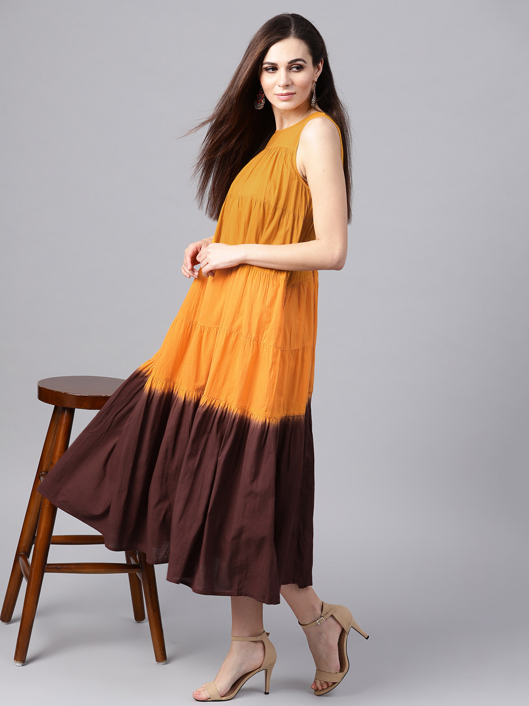 Women Yellow & Brown Dyed Tiered Maxi Dress