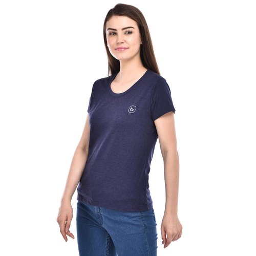 Navy Blue Melange Girls Cotton T-Shirt