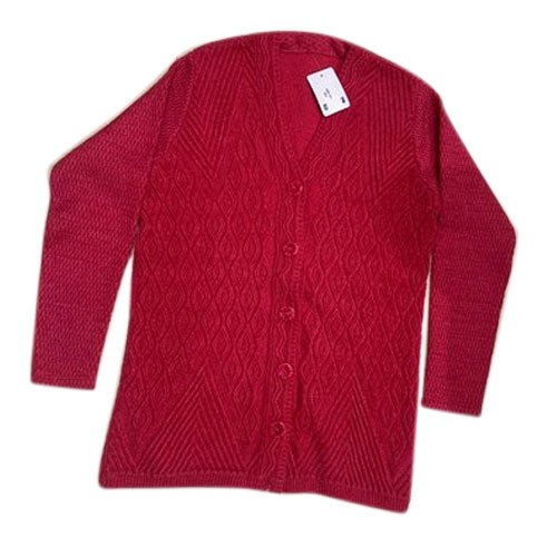 Ladies Plain Red Woolen Cardigan