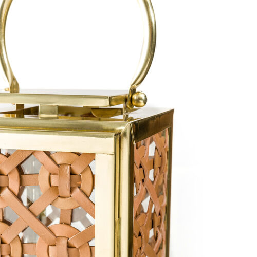 Candle Lantern Tan Woven Leather Indoor and Outdoor Use