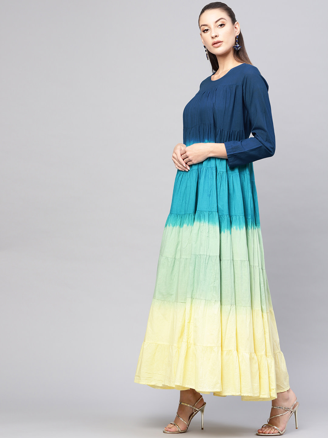 Women Blue & Yellow Dyed Tiered Maxi Dress