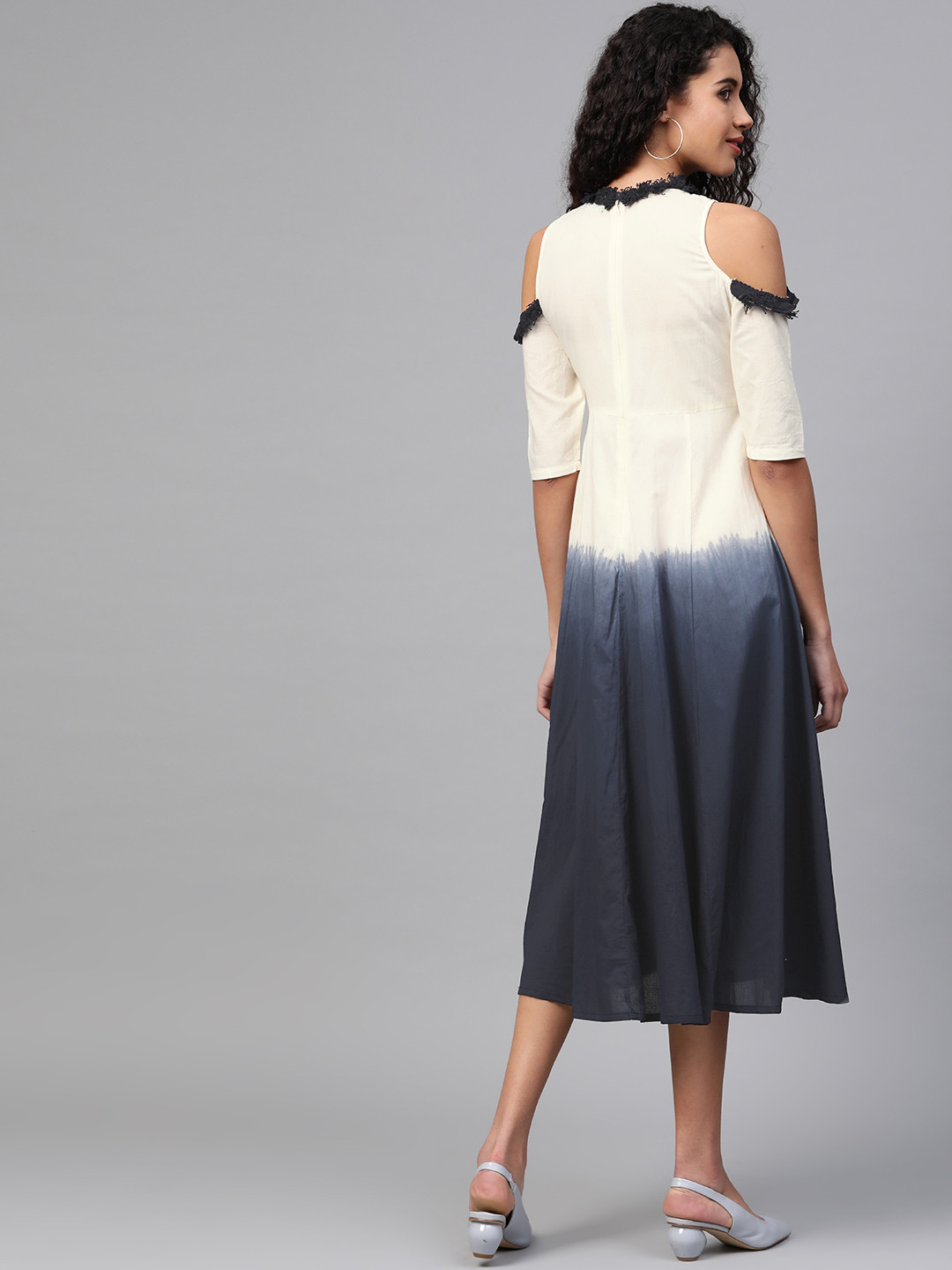 Women Cream-Coloured & Navy Blue Cold-Shoulder Dyed A-Line Dress