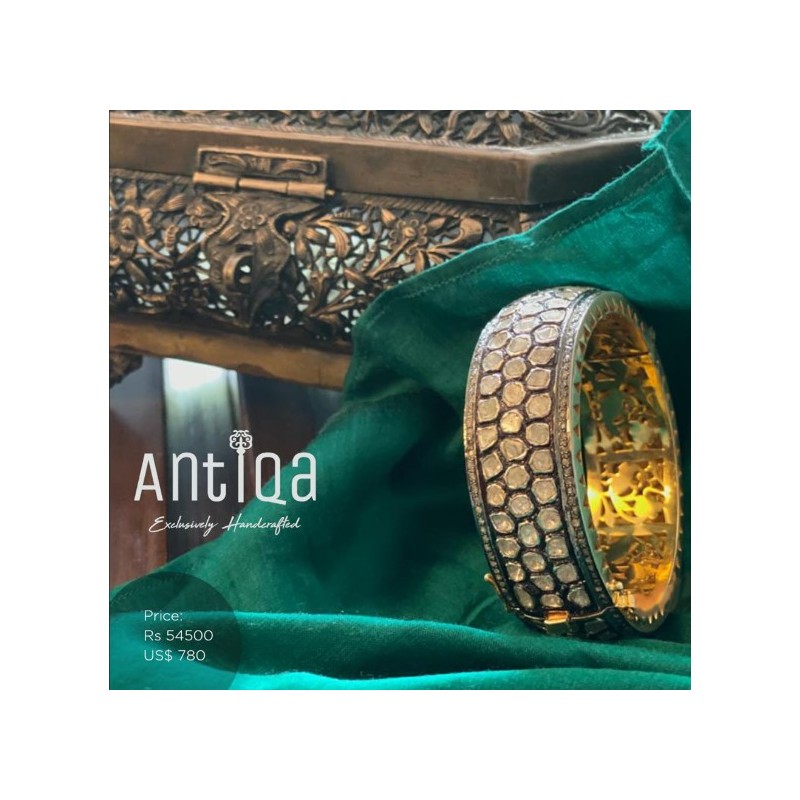 Mughal Style Polki & Diamond Openable Bangle - ANTIQA