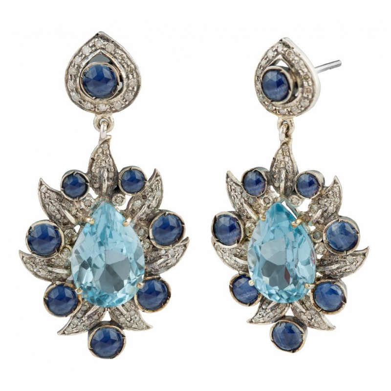 Blue Topaz, Sapphire Diamonds Butterfly Earrings