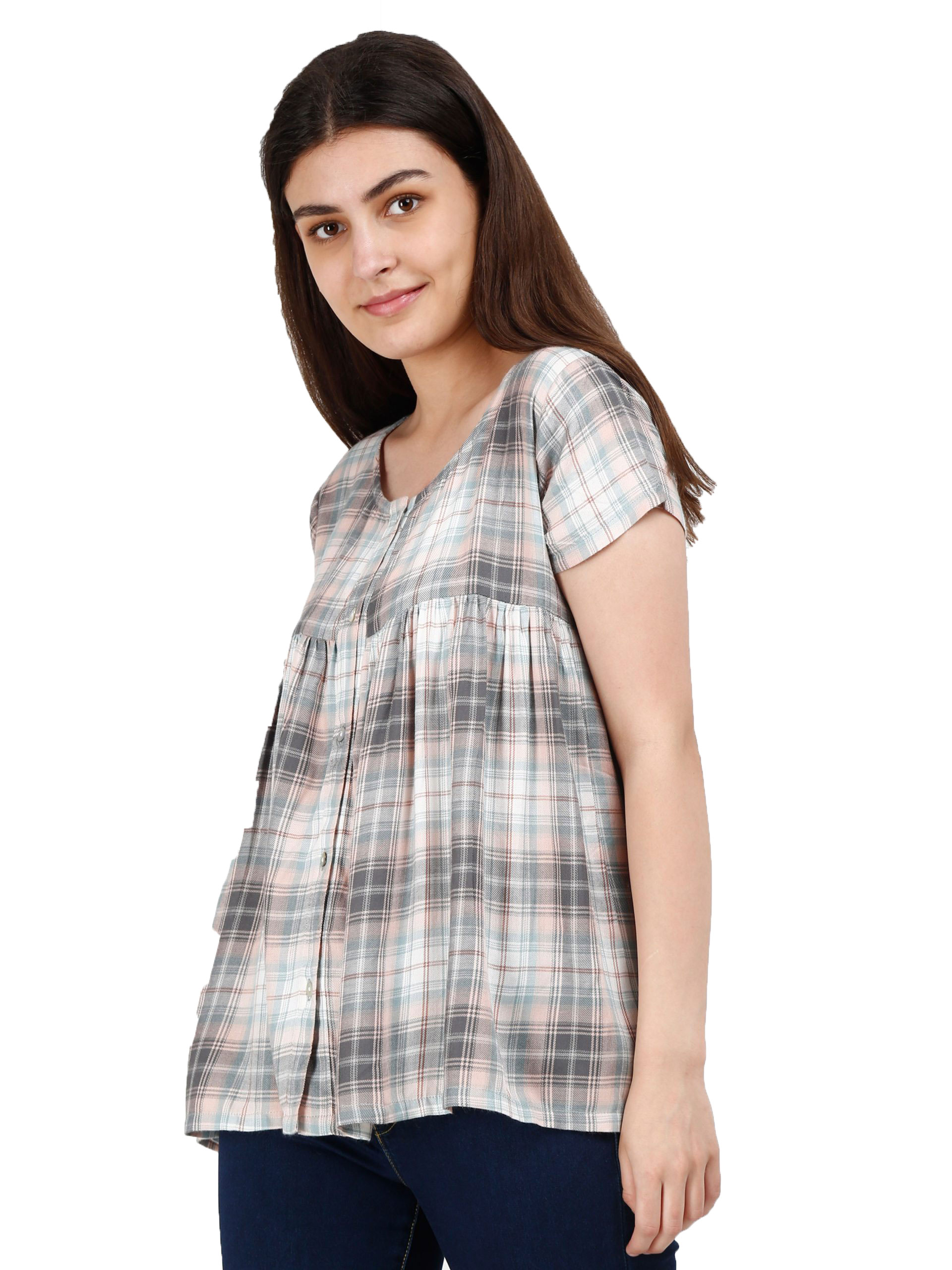 Women Regular Fit Checkered Tops-White/Grey