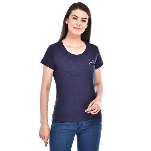 Navy Blue Melange Girls Cotton T-Shirt