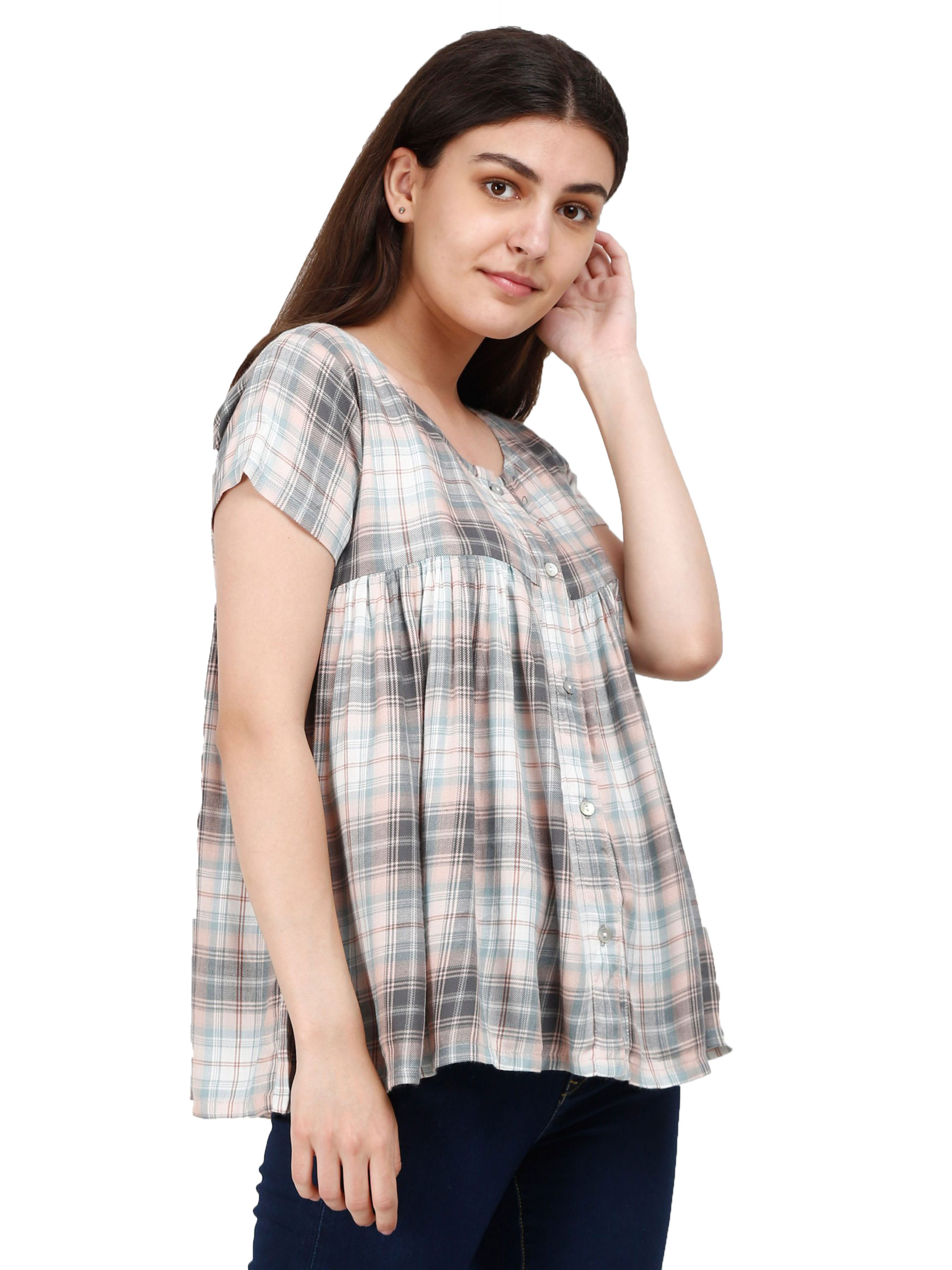 Women Regular Fit Checkered Tops-White/Grey