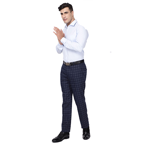 Blue Check Stretch Trouser Terry Rayon Slim Fit