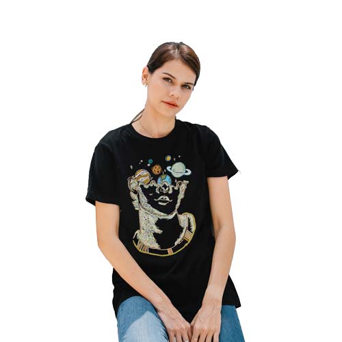 Trippy Cosmic Embroidered Artwork Half Sleeve T-shirt For Women