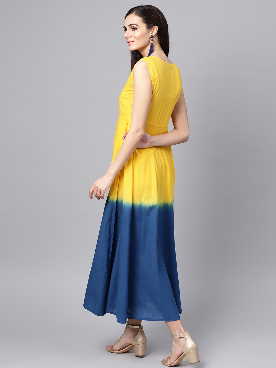 Women Yellow & Navy Blue Dyed Maxi Dress