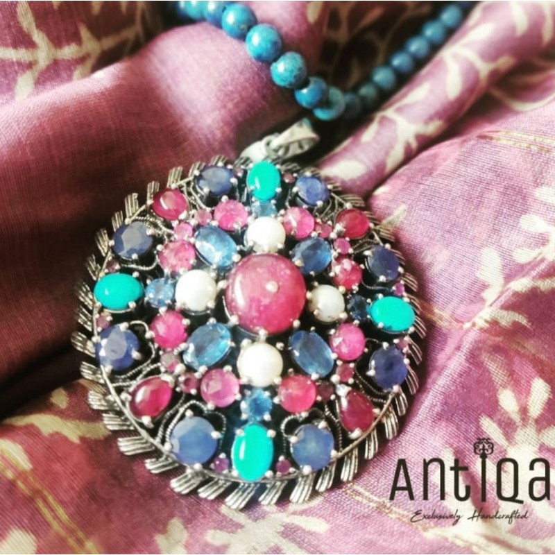 Pendant Studded With Ruby, Pearls, Blue Sapphire, Turquoise, Blue Topaz And Kyanite