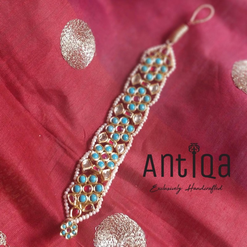 Mughal Style Ethnic Bracelet Studded With Ruby, Turquoise And Polki Diamonds.The Top Setting Is Done With 24K Gold Kundan