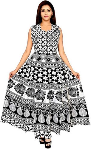 Jaipuri Black And White Flower Print Dress