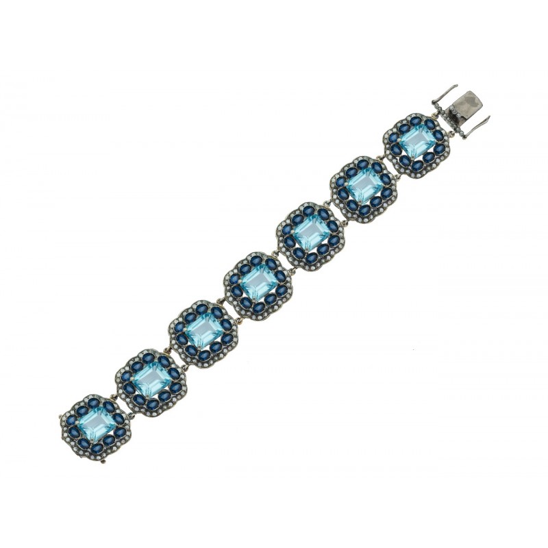 Blue Topaz, Blue Sapphire & Diamond Ethnic Long Bracelet