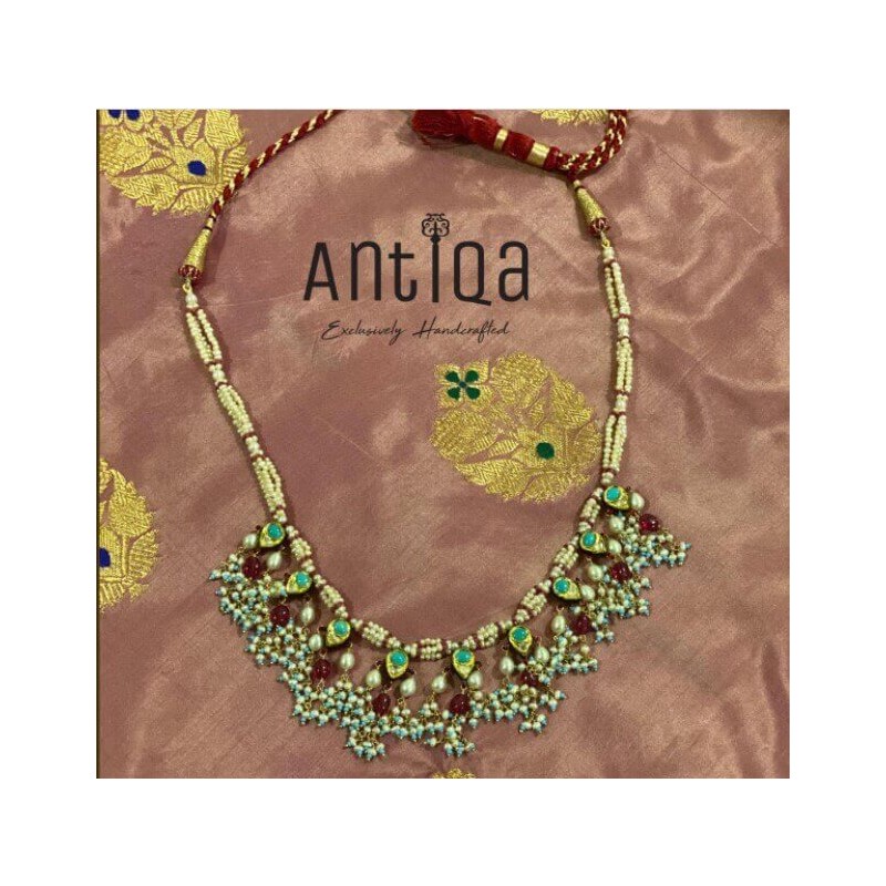 Buy Vintage Wedding Necklace / Mughal Kundan Style Necklace Studded With Turquoise, Rubies, White Sapphire & Freshwater Pearls