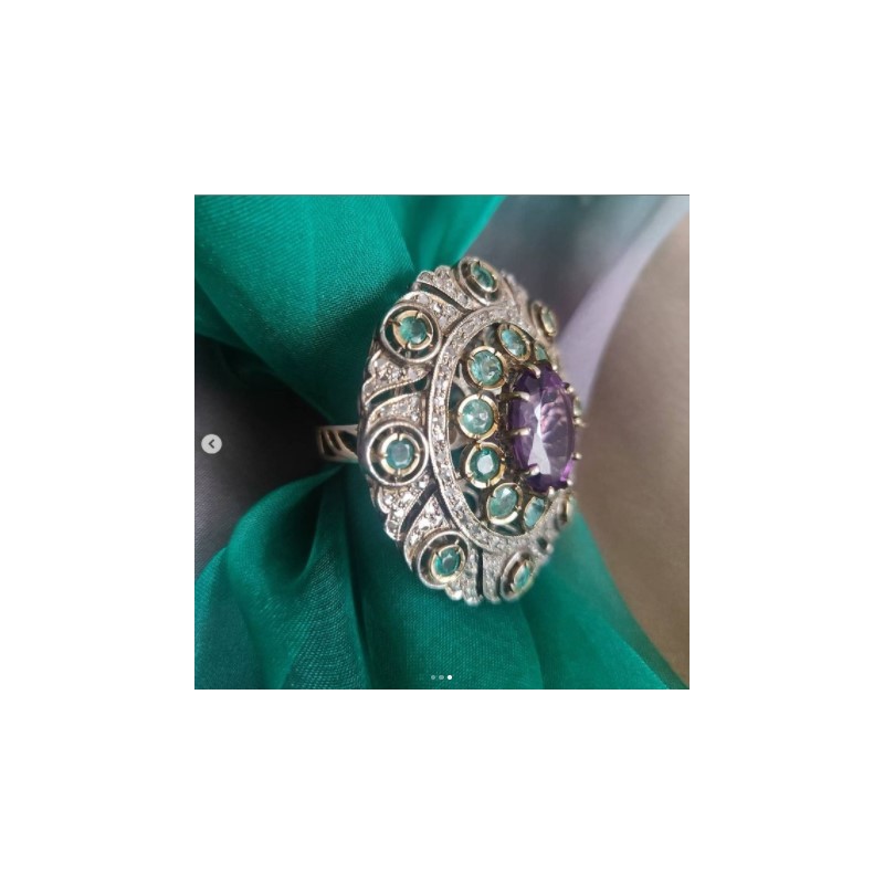 Ring Studded With Natural Amethyst,Emerald & Melle Diamonds