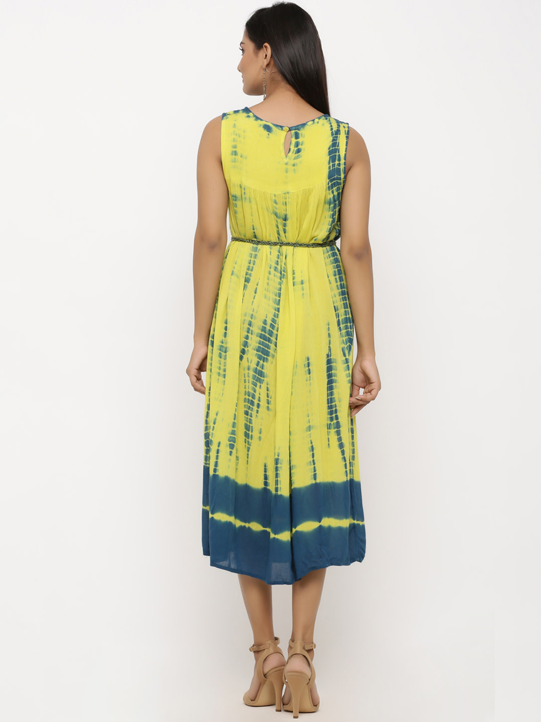 Women Teal Blue & Yellow Dyed Fit and Flare Dress