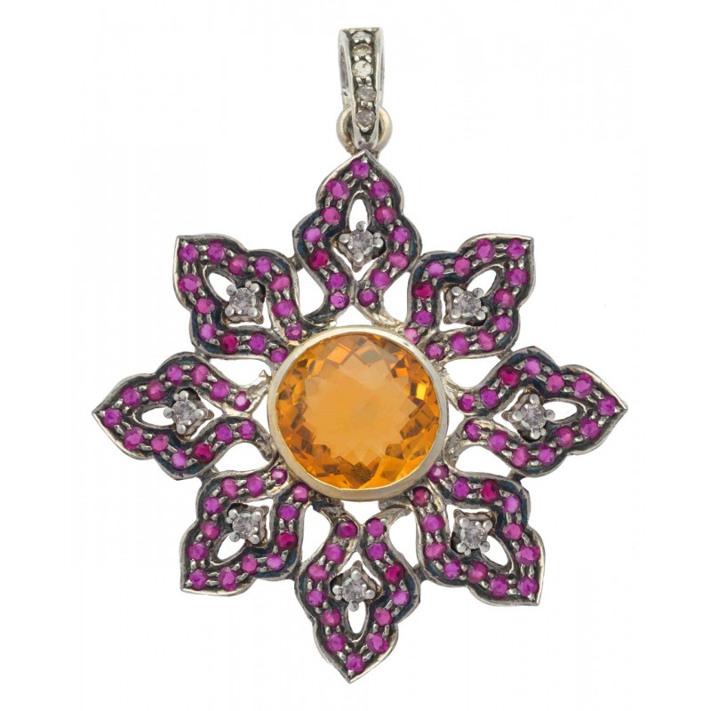 Victorian Architecture Inspired Citrine, Ruby & Diamond Pendant