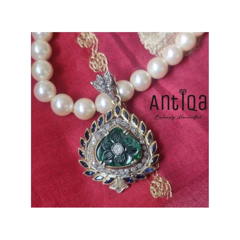 Pendant Studded With Carved Zambian Emerald, Blue Sapphire And Melle Diamonds
