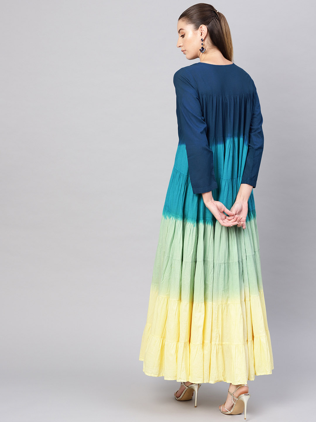 Women Blue & Yellow Dyed Tiered Maxi Dress