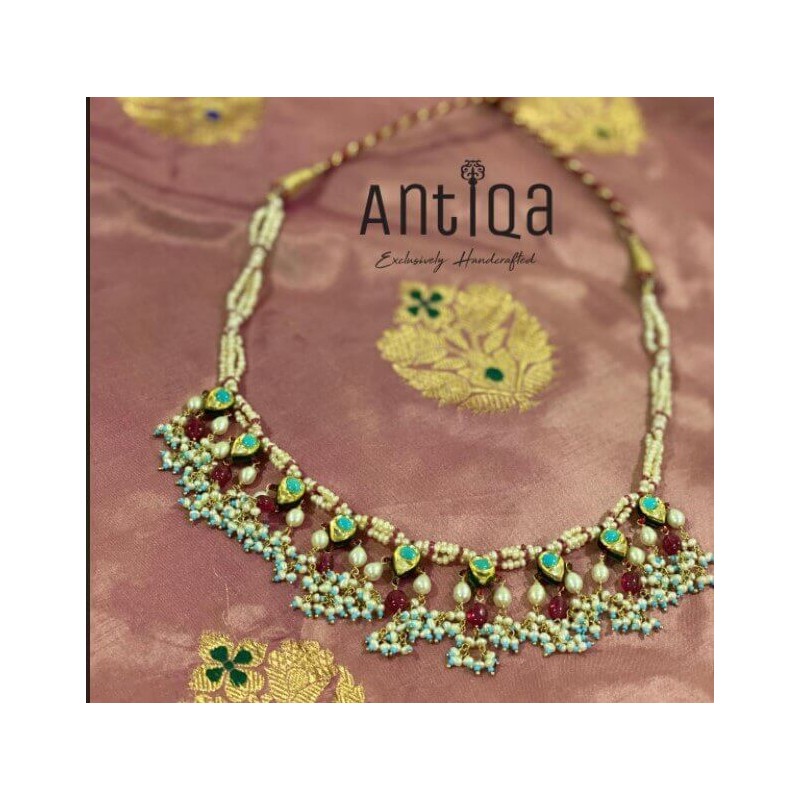 Buy Vintage Wedding Necklace / Mughal Kundan Style Necklace Studded With Turquoise, Rubies, White Sapphire & Freshwater Pearls