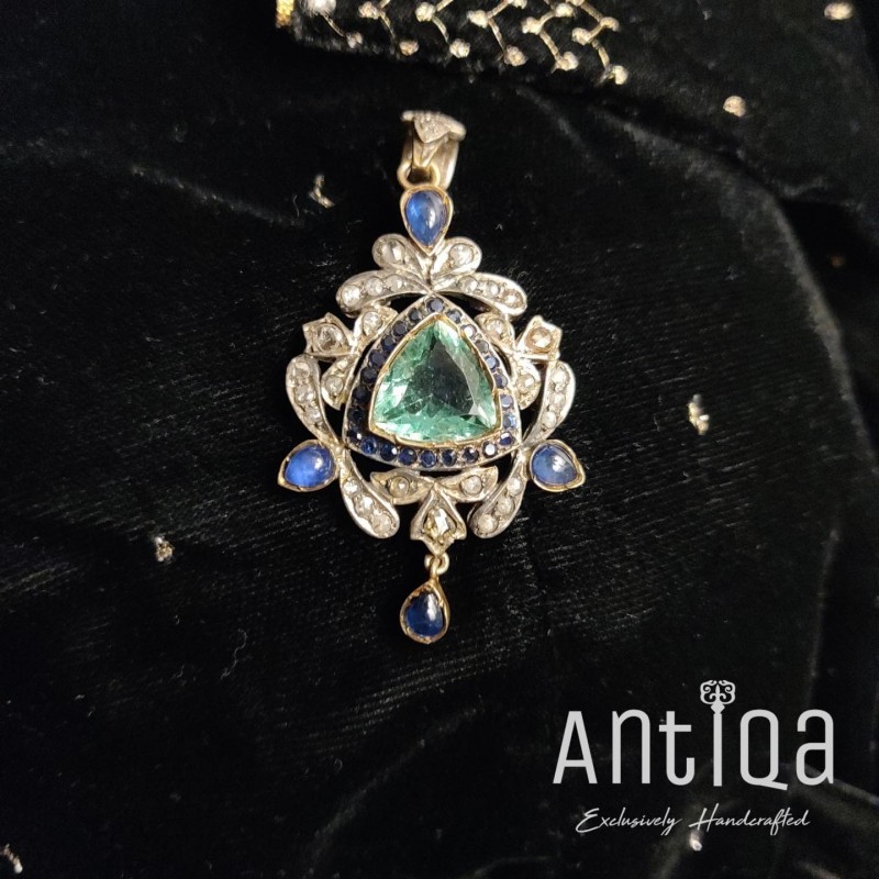 Handcrafted Pendant Studded With Flourite,Blue Sapphire & Diamond