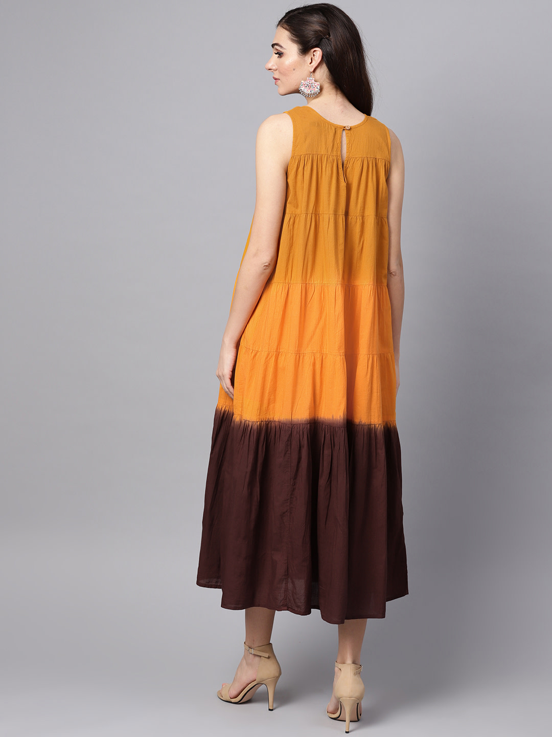 Women Yellow & Brown Dyed Tiered Maxi Dress