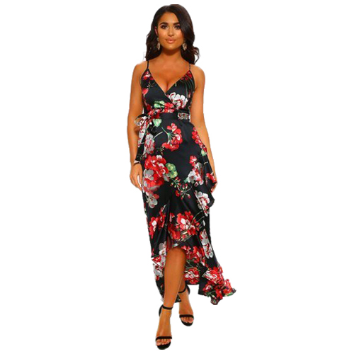 Ladies Floral Frill Wrap Long Maxi Dress