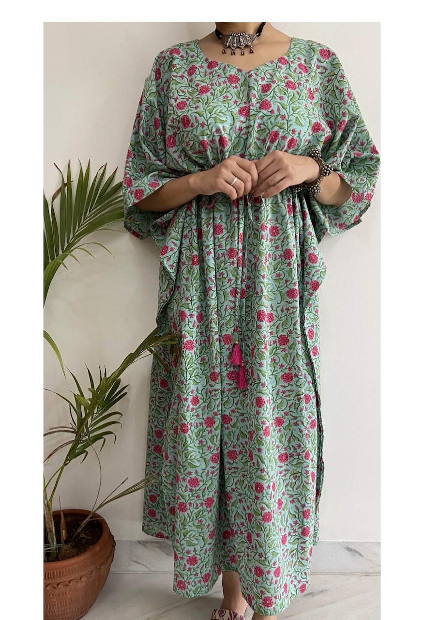 cotton Muslin block print kaftan full length