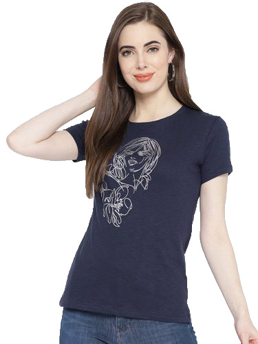 Women Navy Blue & Silver Printed Round Neck T- Shirt