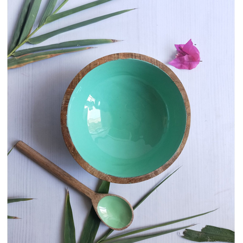 Multicolour Wooden Enamel Snack Bowl & Spoon - Green