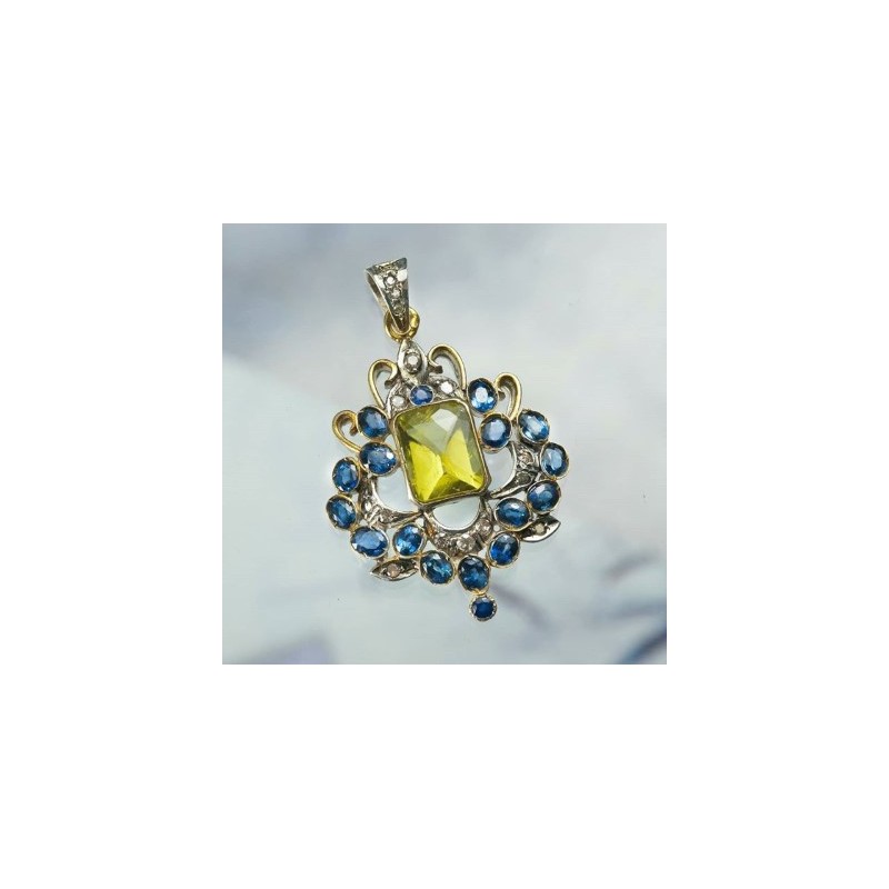 Mughal Designed Handcrafted Pendant Large Lemon Quartz Surrounded By Deep Blue Sapphire & Diamonds./ Victorian Pendant