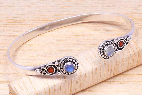 925 Silver Rainbow moonstone And Carnelian Silver Bangle