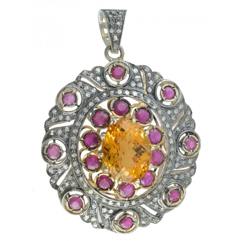 Sun Light Oval Citrine, Ruby & Diamond Pendant