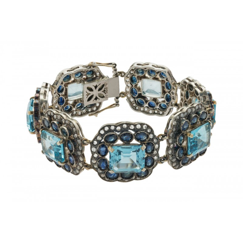 Blue Topaz, Blue Sapphire & Diamond Ethnic Long Bracelet