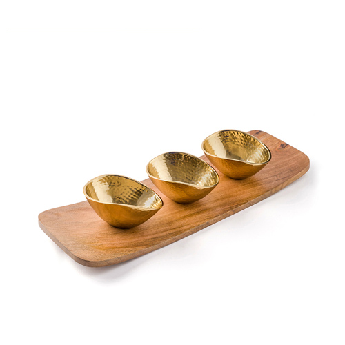 Wooden Tray with 3 Metal Bowls