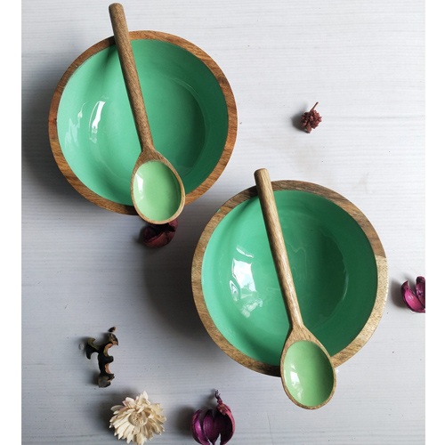 Multicolour Wooden Enamel Snack Bowl & Spoon - Green