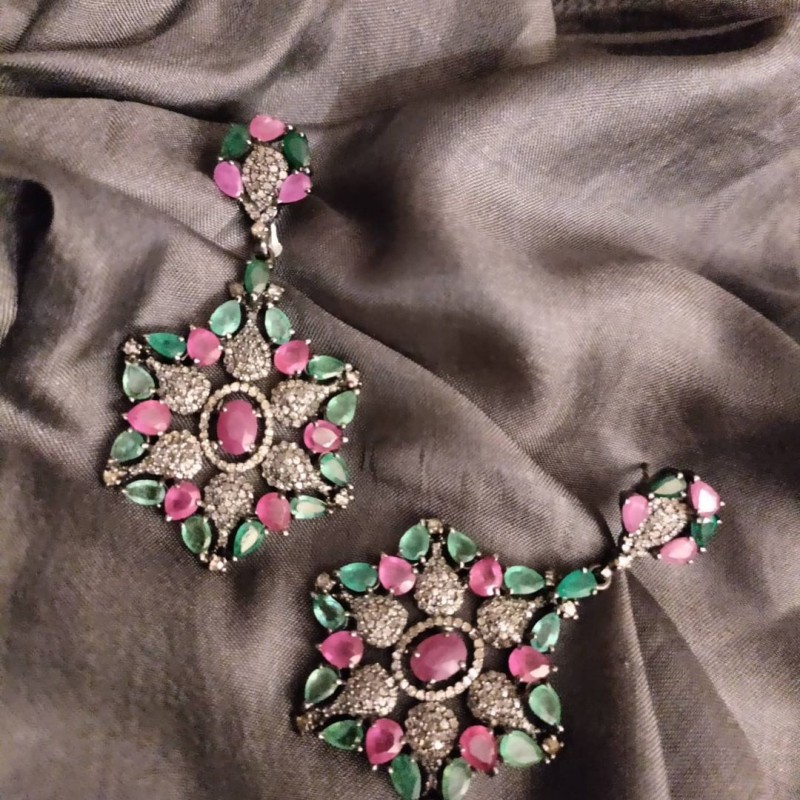 Handmade Earring In Mughal Style Studded With Ruby, Emerald & Diamonds